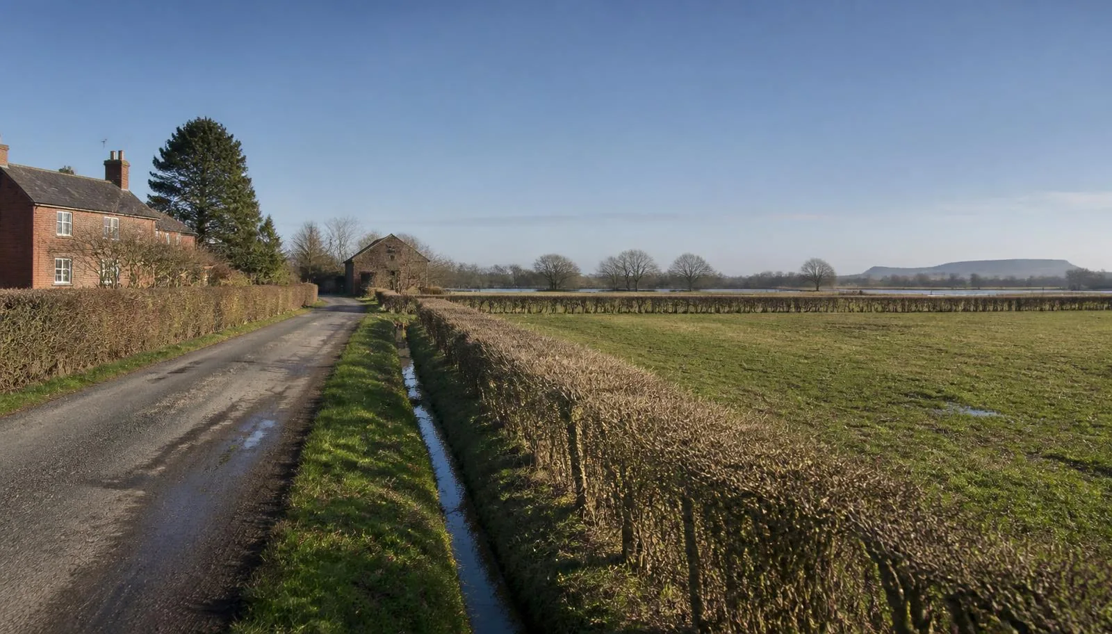 A country lane, hedgerows and farmland beside the River Wyre at Hambleton