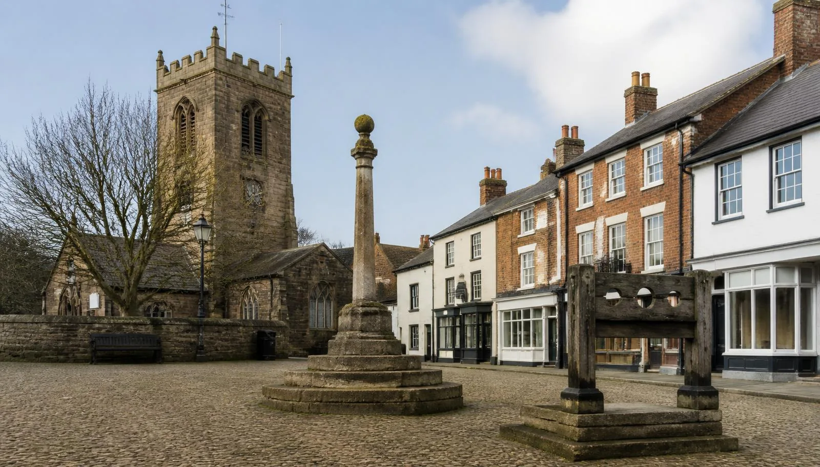 The cobbled market square, church tower and old stocks in the centre of Poulton-le-Fylde