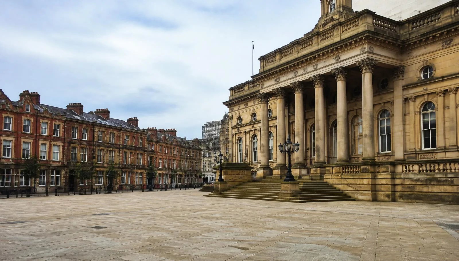 Preston city centre with the neoclassical Harris building and Victorian terraces around the square